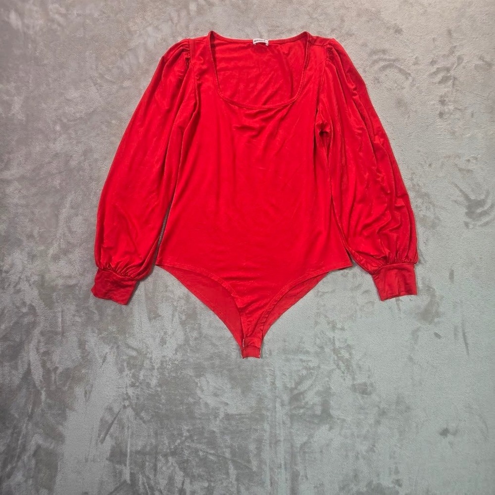 Jorasob Red Puff Sleeve Bodysuit Square Neck Long Sleeve Top Womens Large